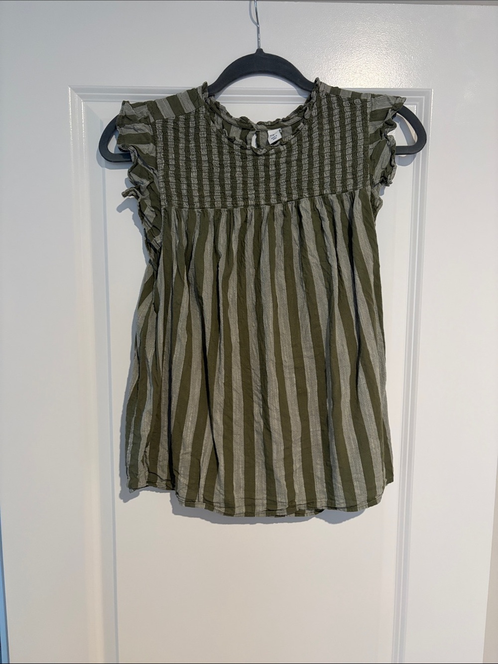 Old Navy Olive Stripe Smocked Ruffle Sleeve Top